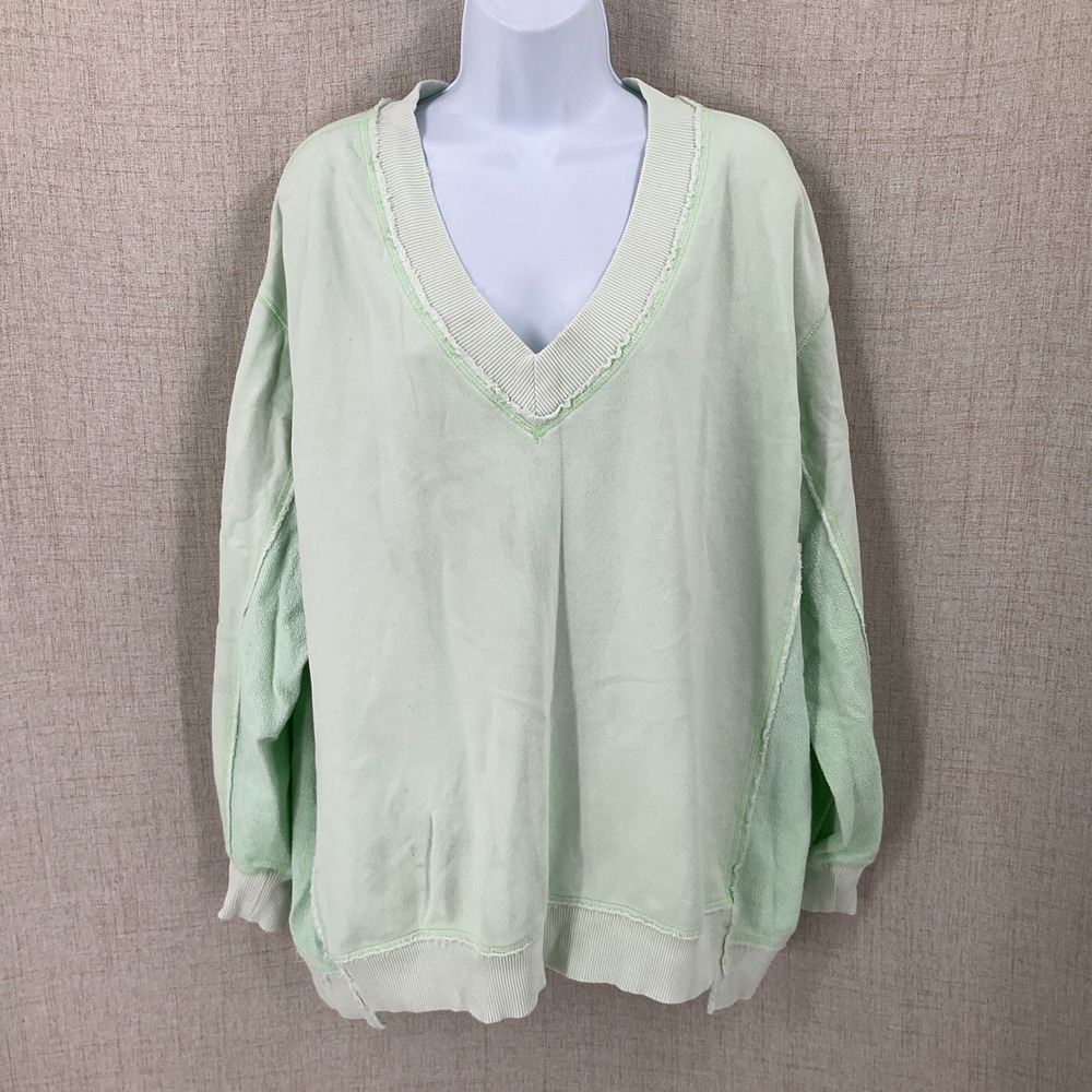 Aerie Sweatshirt Womens M Mint Green Graphic Oversized V-Neck Boho Coastal